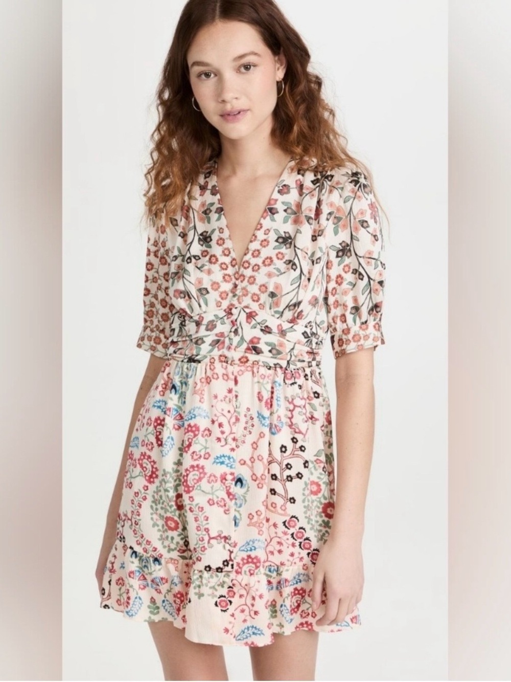 ba&sh Ganiela Floral Flounce Mini Dress Womens Medium US 6 Button Up Boho V Neck